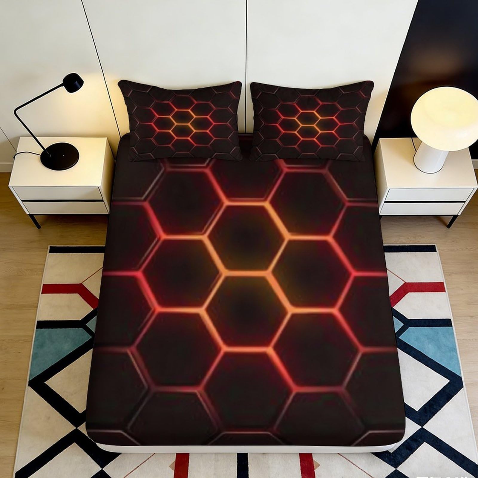 3D Printed Hexagon Gradient Fitted Sheet Microfiber Soft Slip-Resistant Bed Cover for Bedroom Guestroom Decor 90x200x25cm