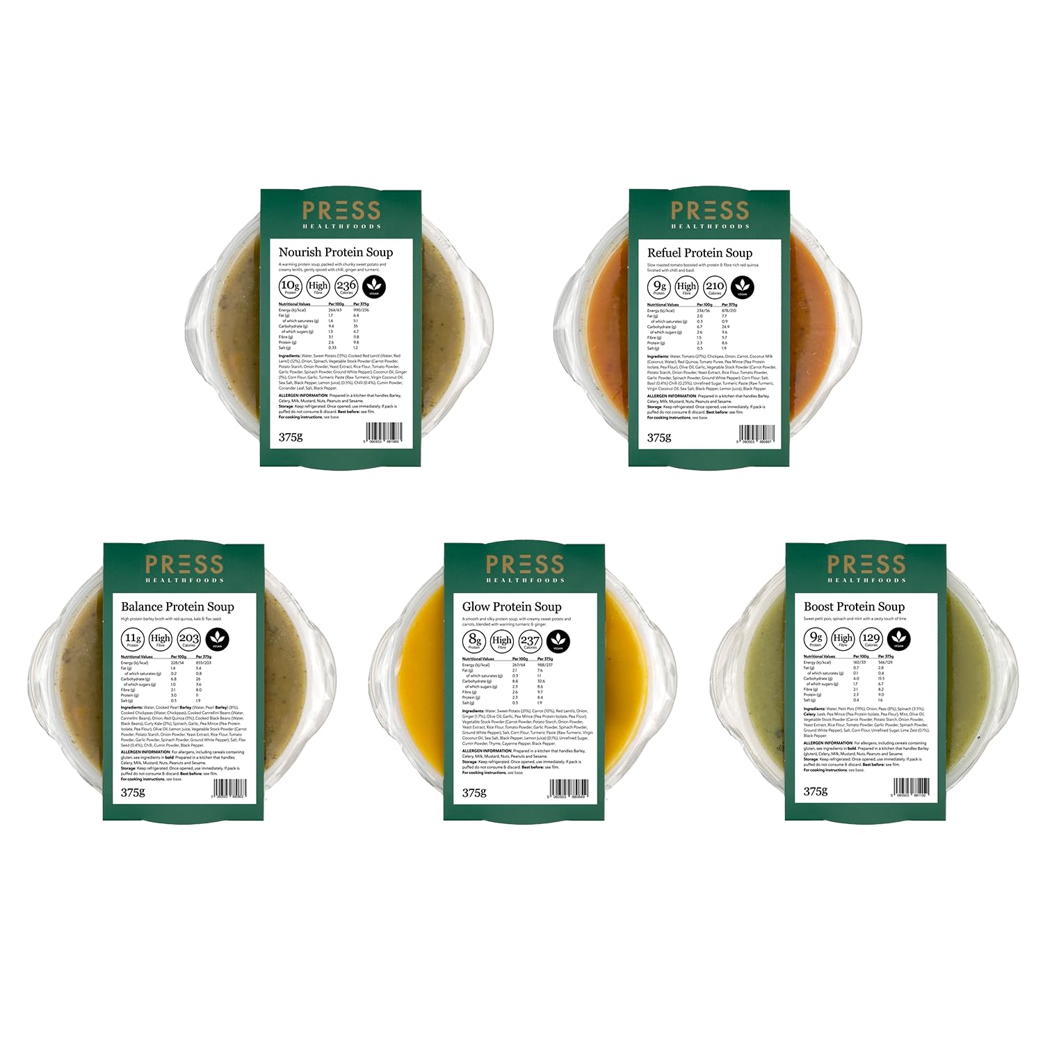 Press Healthfoods Protein Soup Bundle 5 x 375g – 5 Soup Variety Pack, High Protein & High Fibre Vegan Winter Lunches – Glow, Boost, Balance, Refuel & Nourish