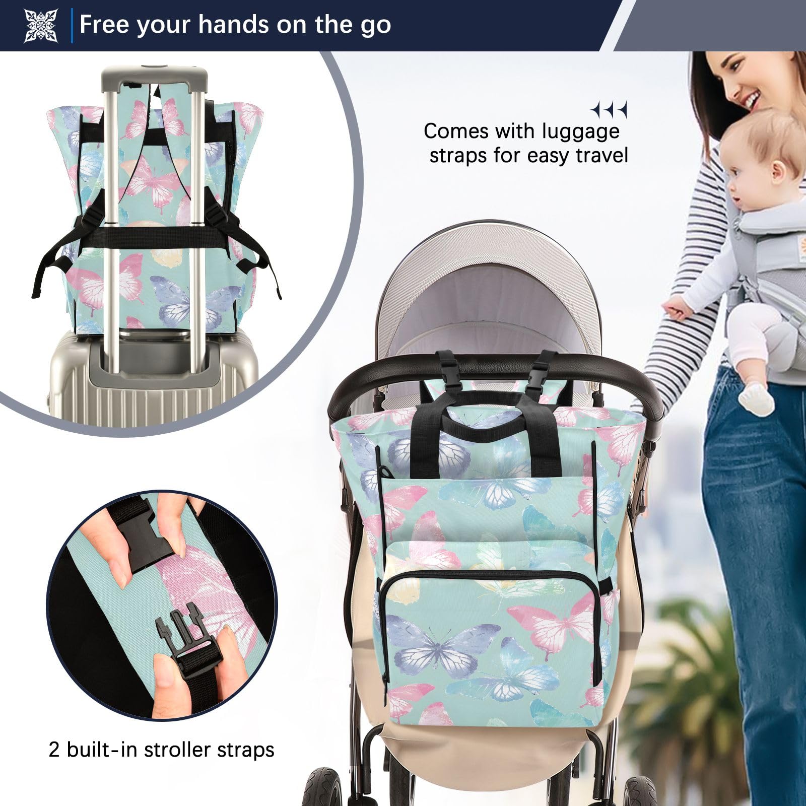 Mnsruu Borsa per pannolini per bambini con farfalle pastello, borsa grande, impermeabile, da viaggio, per mamme e papà