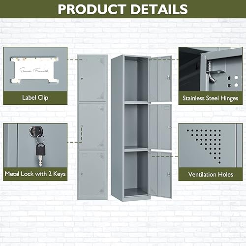 Miniatura 5 de Taquillas de metal para empleados  Armario de almacenamiento de 71 pulgadas para empleados grandes con 3 puertas  Taquillas de acero de 3 niveles