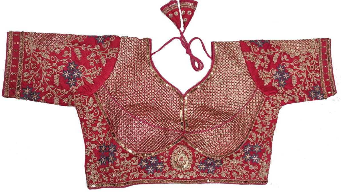 Pujia Mills Women's Readymade Bridal Kapdu Blouse Designe Embroidery Golden Coding Glitter Sequence Thread Work Indian Ethnic Designer Stitched Half Sleeve For Women Bridal Lehenga Choli