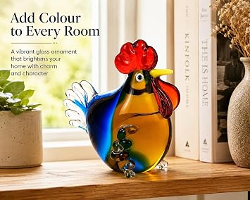 Hand Blown Glass Rooster Ornament 12cm Colourful Decorative Figurine