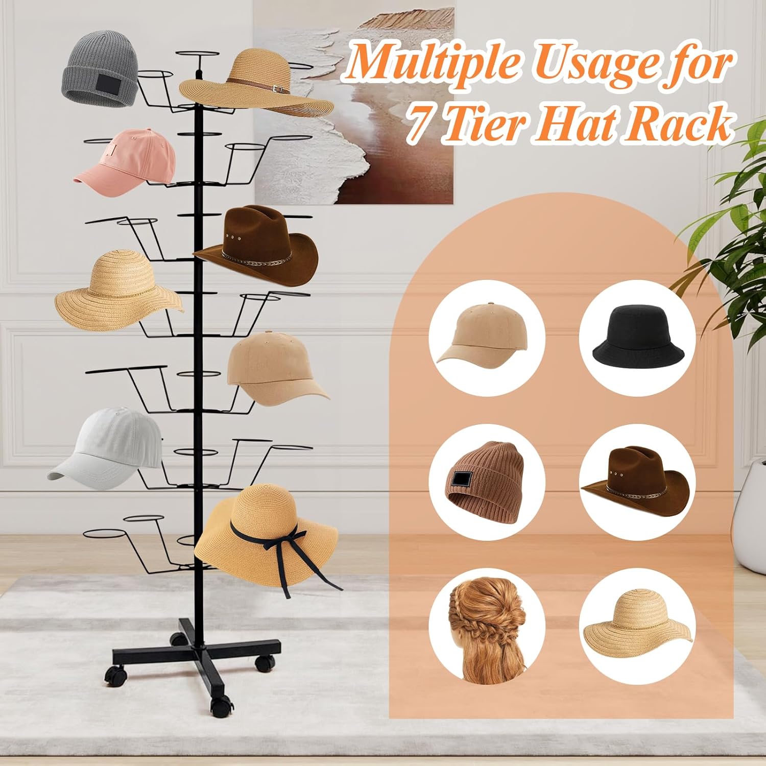 uyoyous 7-Tier Rotating Hat Rack, Freestanding Hat Display Stand with Wheels, Holds 35+ Caps, Heavy-Duty Metal Hat Organizer for Retail Stores & Home Use