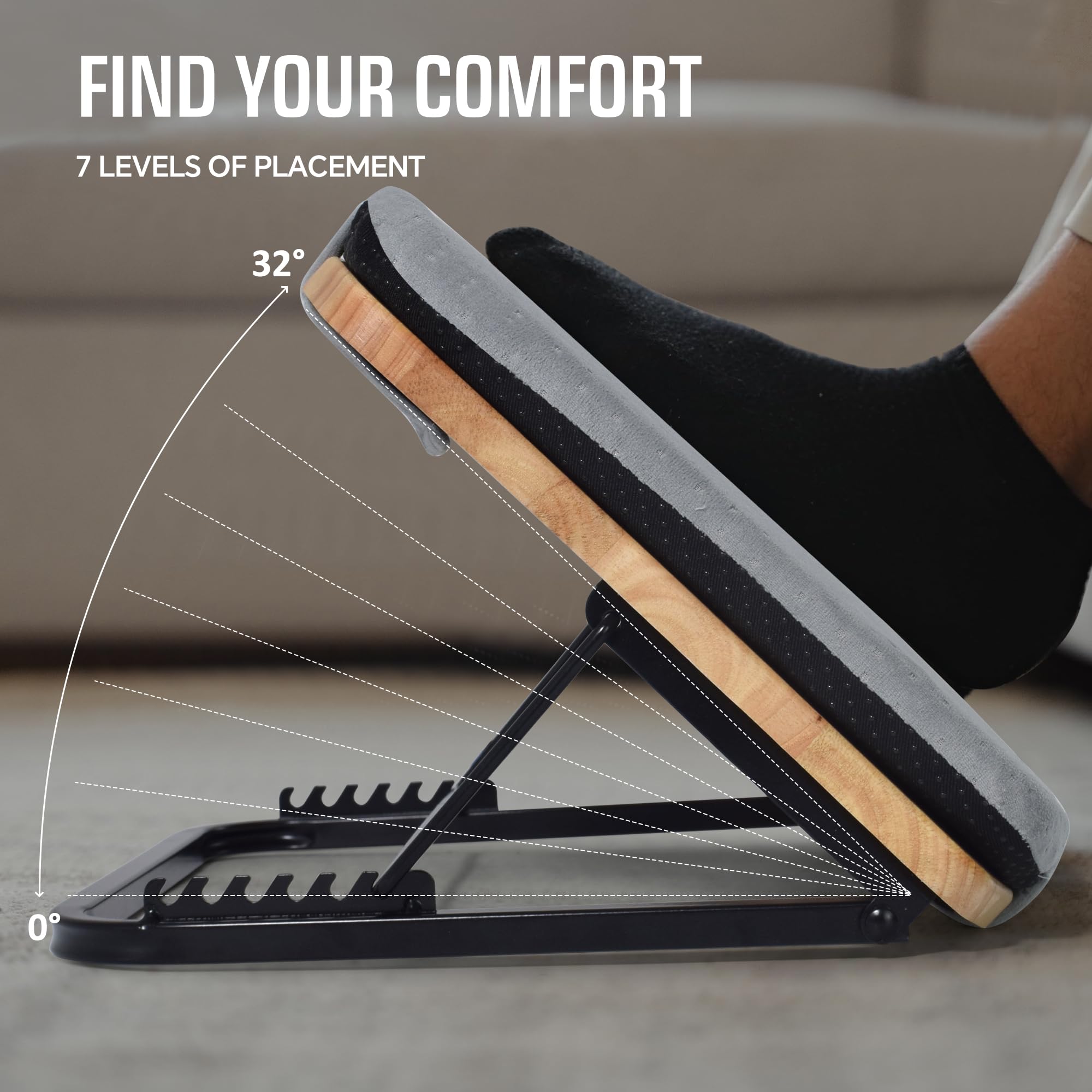 Reposapies de Oficina Madera con 7 ángulos ajustables, Reposapiés ergonómico con relleno de espuma viscoelástica para debajo del escritorio, Reposapiés de madera para debajo del escritorio con alfombr
