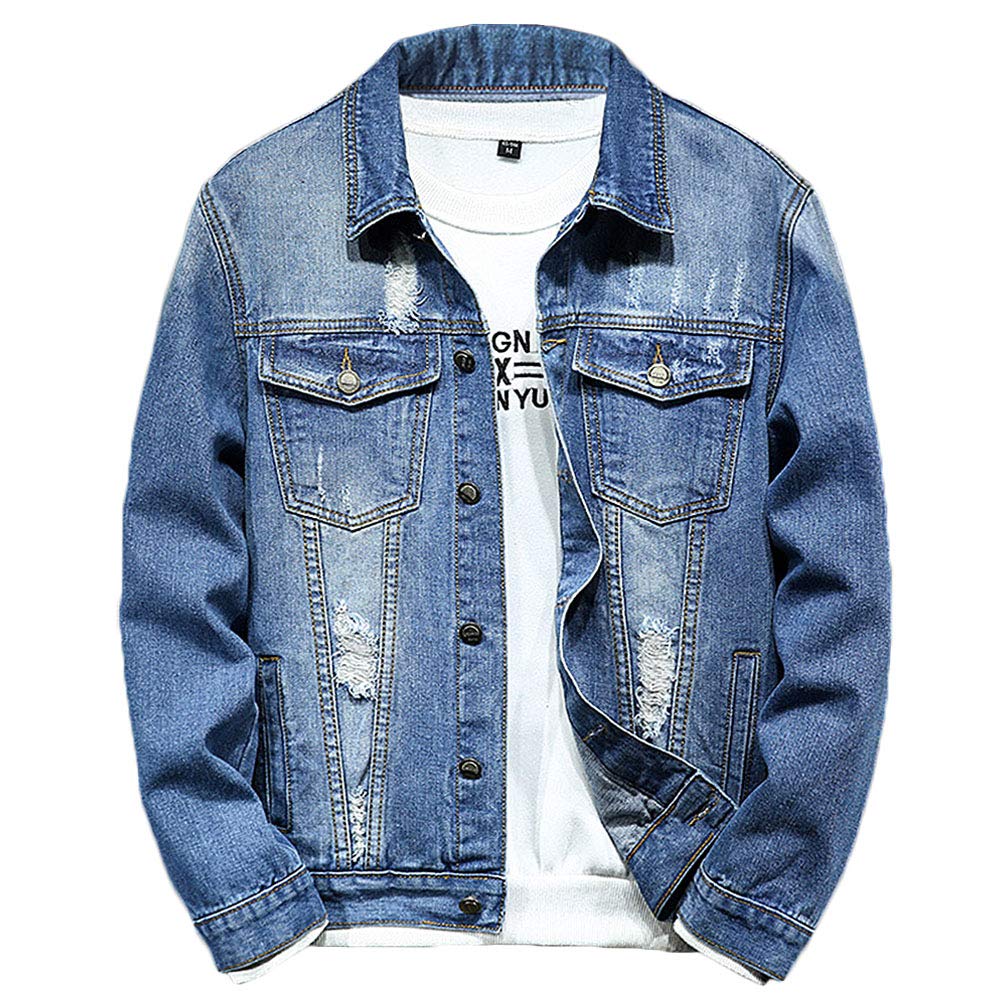 Rexcyril Men's Distressed Denim Jacket Casual Ripped Holes Button Down Trucker Jacket Jean Coat