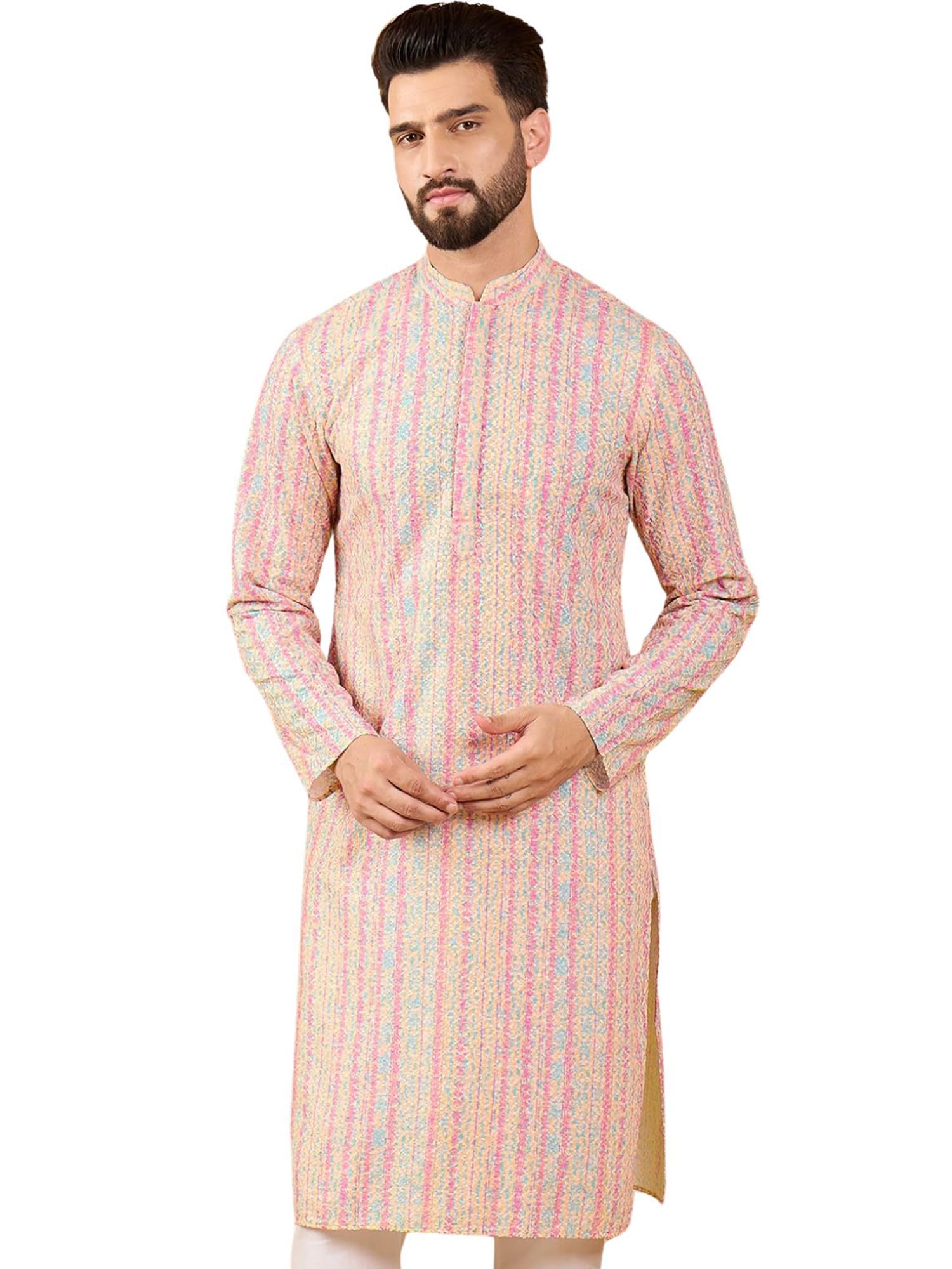 ethnic bay Men's Striped Embroidered Long Straight Kurta | Men's Kurta | Embroidered Chikankari Kurta for Men | Straight Fit Kurta for Men-picture-28