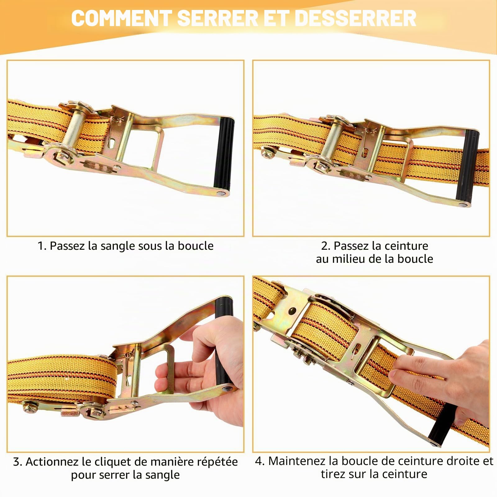 ASelected 4 Jeux de 6M×50MM Sangle d'arrimage à Cliquet, Sangle a Cliquet avec Crochet en Polyester, Sangles de Serrage avec Tendeur à Cliquet pour Remorque, Moto, Voiture