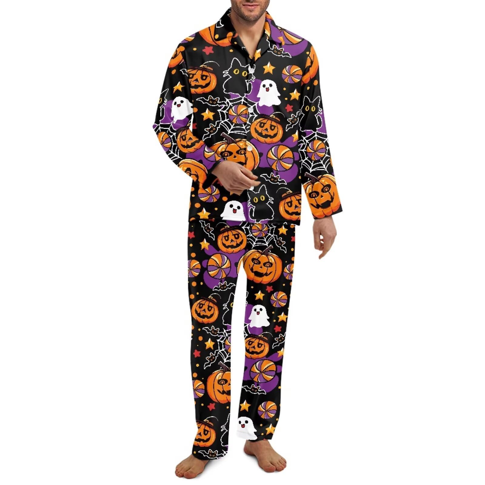 Halloweenowy zestaw piżam męskich, 2 sztuki, przytulna piżama z wycięciem dla mężczyzn, codzienna męska bielizna nocna z długim rękawem z kieszeniami i elastyczną opaską, dynia, duch