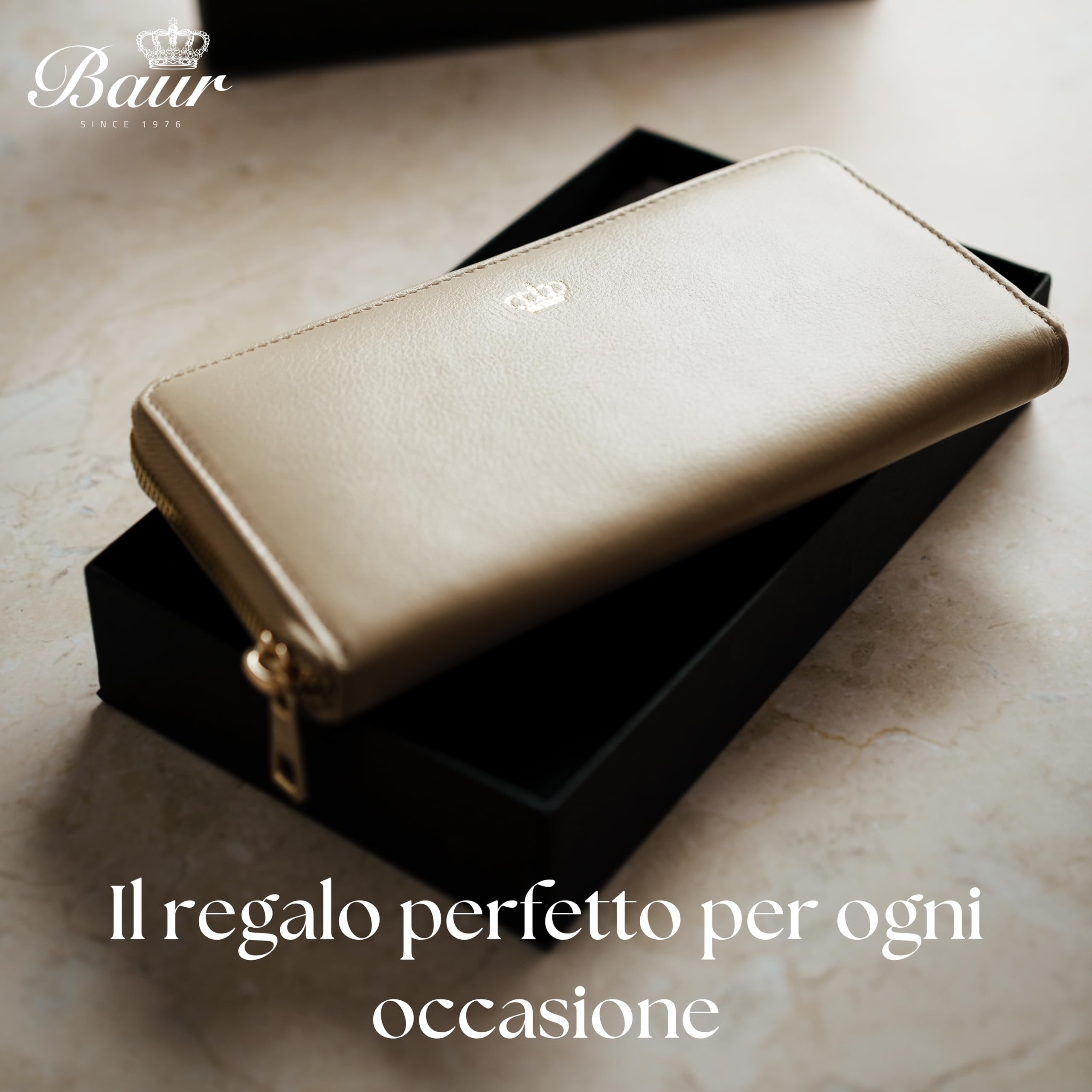 Baur portafoglio da donna – vera pelle nappa con protezione RFID – portafoglio grande con 12 scomparti carte e scomparto monete – cerniera metallica a tutto giro (Cerniera oro, Beige)