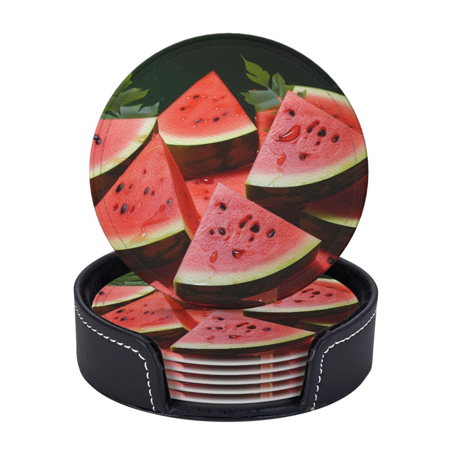 6Pcs PU Leather Coaster for Drinks, Ripe Watermelon Slice Seeds Cup Coasters with Holder, Aesthetic Drink Coasters for Coffee Table, Round Coaster for Tabletop Protection 4" Cup Mat Pad