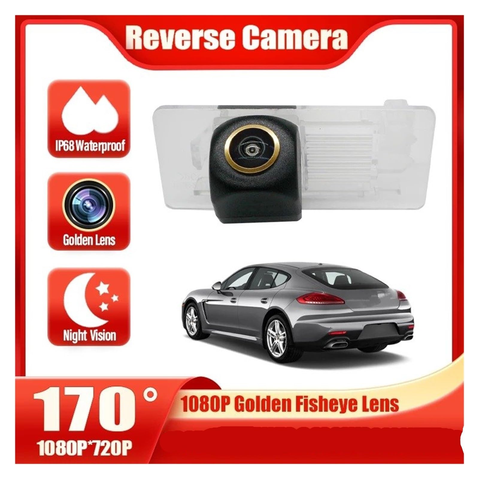 Zamiennik kamery cofania do Panamera 970, 2010, 2011, 2014, 2015, kamera cofania, 1080p, noktowizor, kamera cofania, obiektyw rybie oko (złoty prostownik CAM) (złoty CAM)