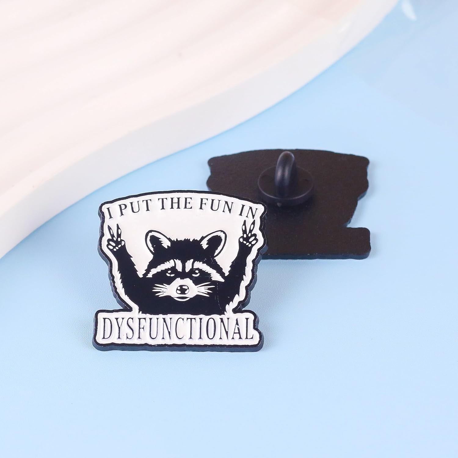 I Put The Fun In Dysfunctional Enamel Pin, Raccoon With Peace Sign Pin Brooch, Funny Gift For Dysfunctional Friend Sarcastic Sassy Person, Dark Humor Animal Lapel Badge, Emotional Mess Accessories