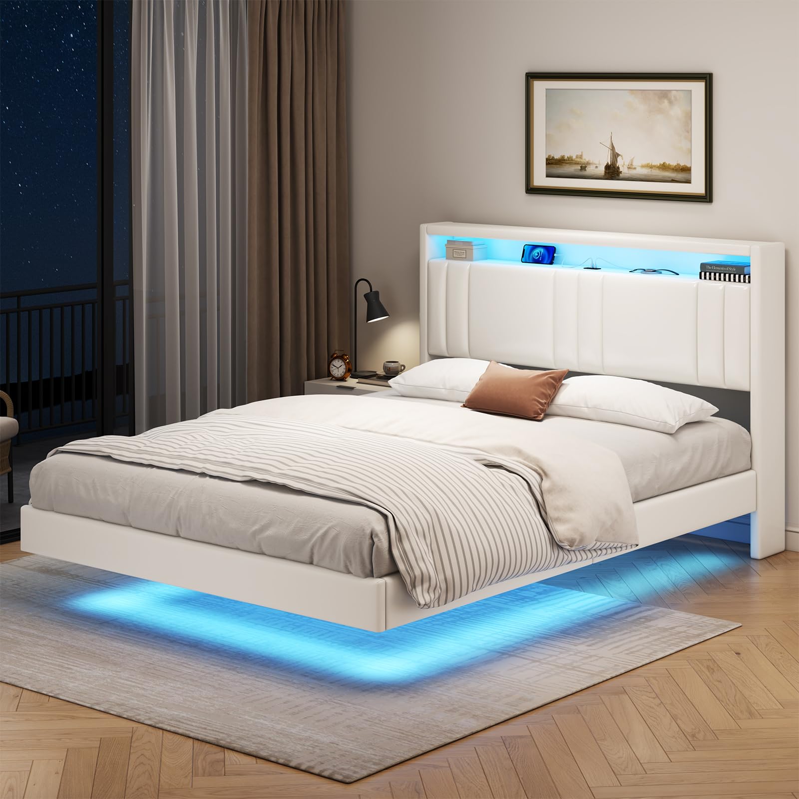 KIMENICH Lit 140x190 cm, Effet Flottant, Lits Double avec LED Réglable, Multiprise et Étagère Ouverte, Cadre de Lit avec Sommier à Lattes, Lits Flottant Rembourré, PU Blanc