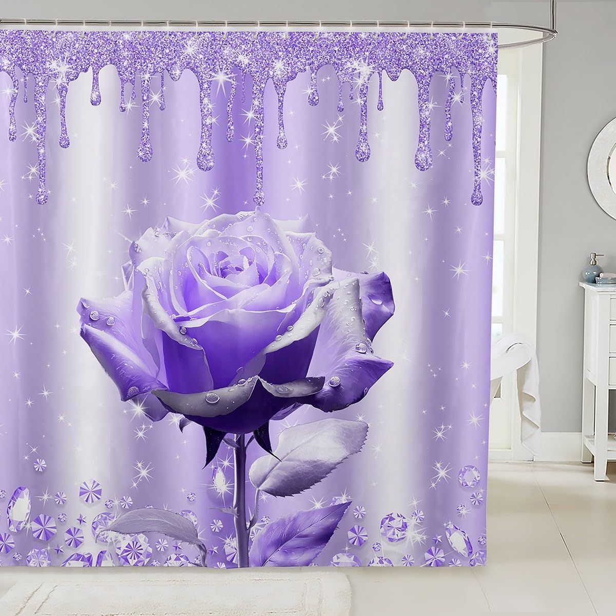 Manfei Purple Rose Shower Curtains Purple Glitter Diamond Waterproof Bath Curtains with 12 Hooks Suits for Bathtub, 3D Purple Rose Flower Bathroom Curtains for Kid Girl Room Decor, 72" W x 78" L