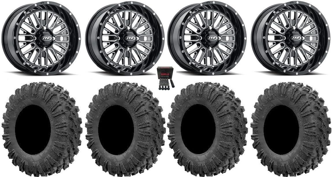 Bundle - 9 Items: ITP Momentum 15" Wheels Milled 30" MotoRavage Tires [4x110 Bolt Pattern 12mmx1.25 Lug Kit]