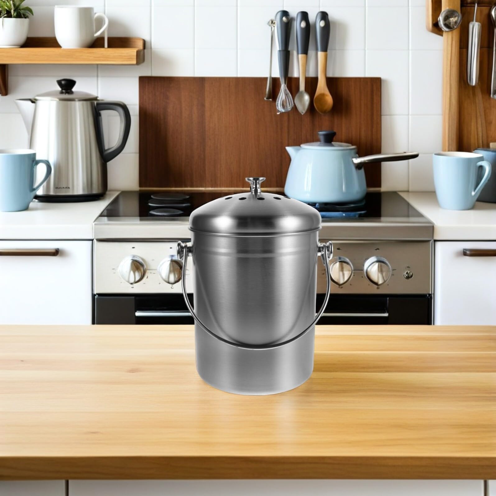 SHERCHPRY Edelstahl Kompostbehälter mit Deckel 5l für Küche Geruchsneutraler Biomülleimer mit Aktivkohlefilter und Platzsparendem Design für Arbeitsplatten