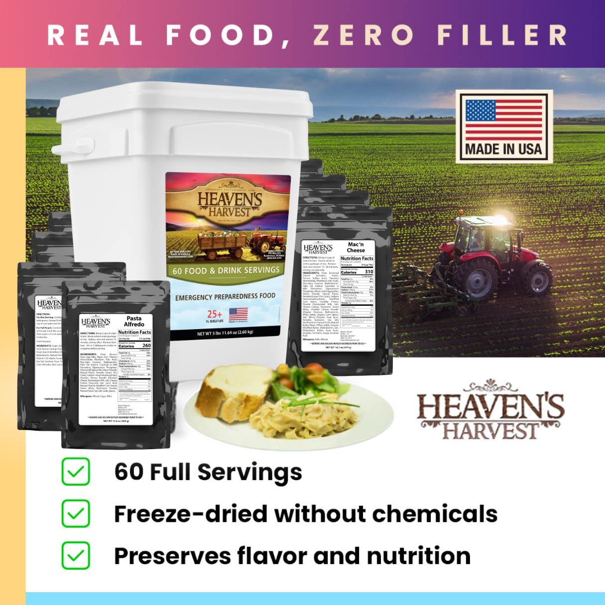 Heaven's Harvest Kit d'approvisionnement alimentaire d'urgence (60 portions de nourriture et de boissons) - Kit de survie 100 % lyophilisé avec une durée de conservation de 25 ans. Aliment non