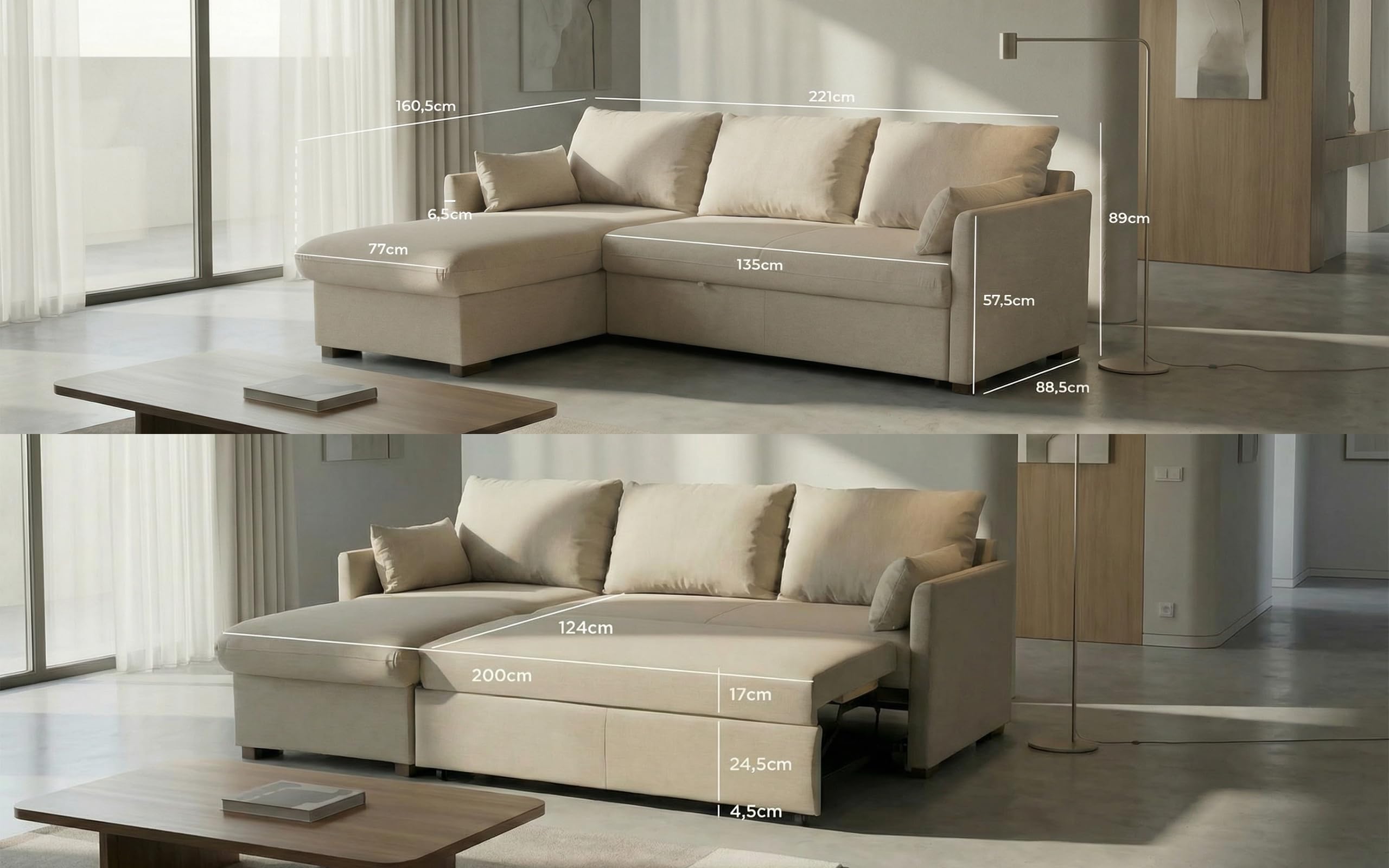 BUDWING Orlando Hogar Sofá Cama 3 Plazas Chaise Longue Esquinero Reversible Izquierda o Derecha con Arcón Tapizado Tela Beige Sofá de Salon Decoración de Hogar Cojines y Tapicería 221 x 162 x 90