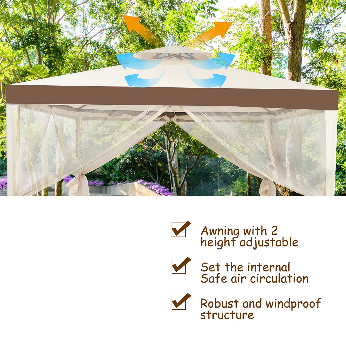 GIANTEX 3 x 3M Gazebo da Giardino, con Tetto e Tende di Struttura in Acciaio, 4 Tende Laterali, Ventilazione e Zanzariere, Traspirante e Comodo per Parco/Giardino/Balcone, 2 Colori (beige)