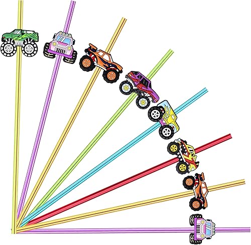24 popotes rectos reutilizables para Monster Truck Car Fiesta de cumpleaños con 2 cepillos de limpieza, 6 pajitas de colores