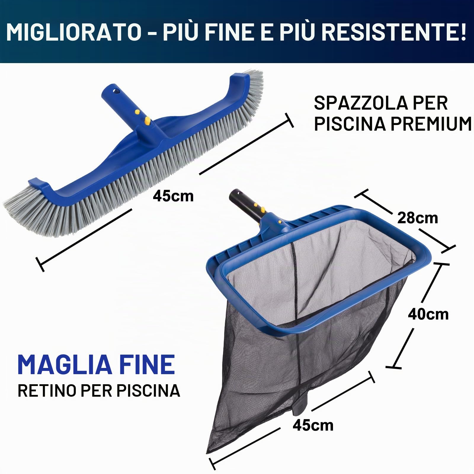 POOLAZA Set di pulizia per piscina, retino a maglia fine e spazzola da 45 cm, telaio stabile, skimmer e testina professionale per piscine sotterranee