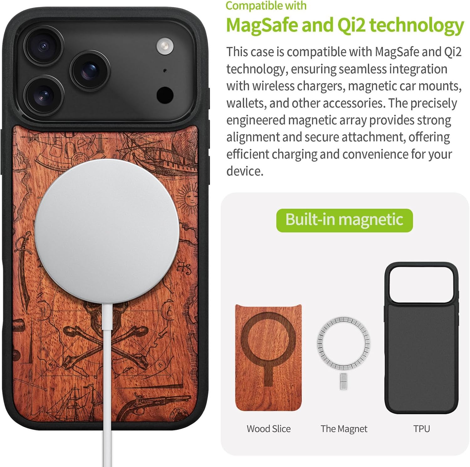 Carveit Magnetic Wooden Case for iPhone 17 Pro Case, Wood Artisan Engraved & Black Soft TPU Shockproof Cover, Compatible with MagSafe Wireless Chargers (Pirate Flag) Rosy