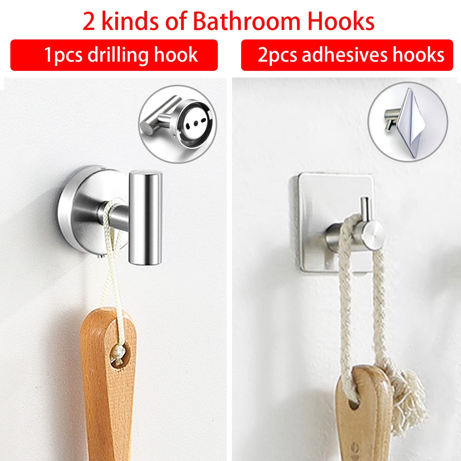 8 Pezzi Set Accessori Bagno Acciaio inossidabile Portasciugamani, porta carta igienica, anello portasciugamani, gancio per accappatoio, ganci adesivi, porta rasoio adesivo (Argent)