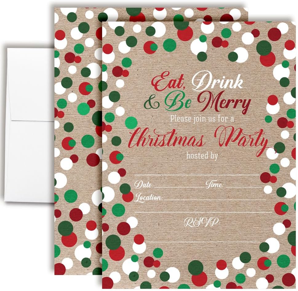Amanda Creation Christmas Invitations with Envelopes – Eat Drink & Be Merry Kraft Polka Dot, 20 Pack 5x7 Double Sided Fill-In Invite Cards with Twenty White Envelopes Perfect for Holiday Parties
