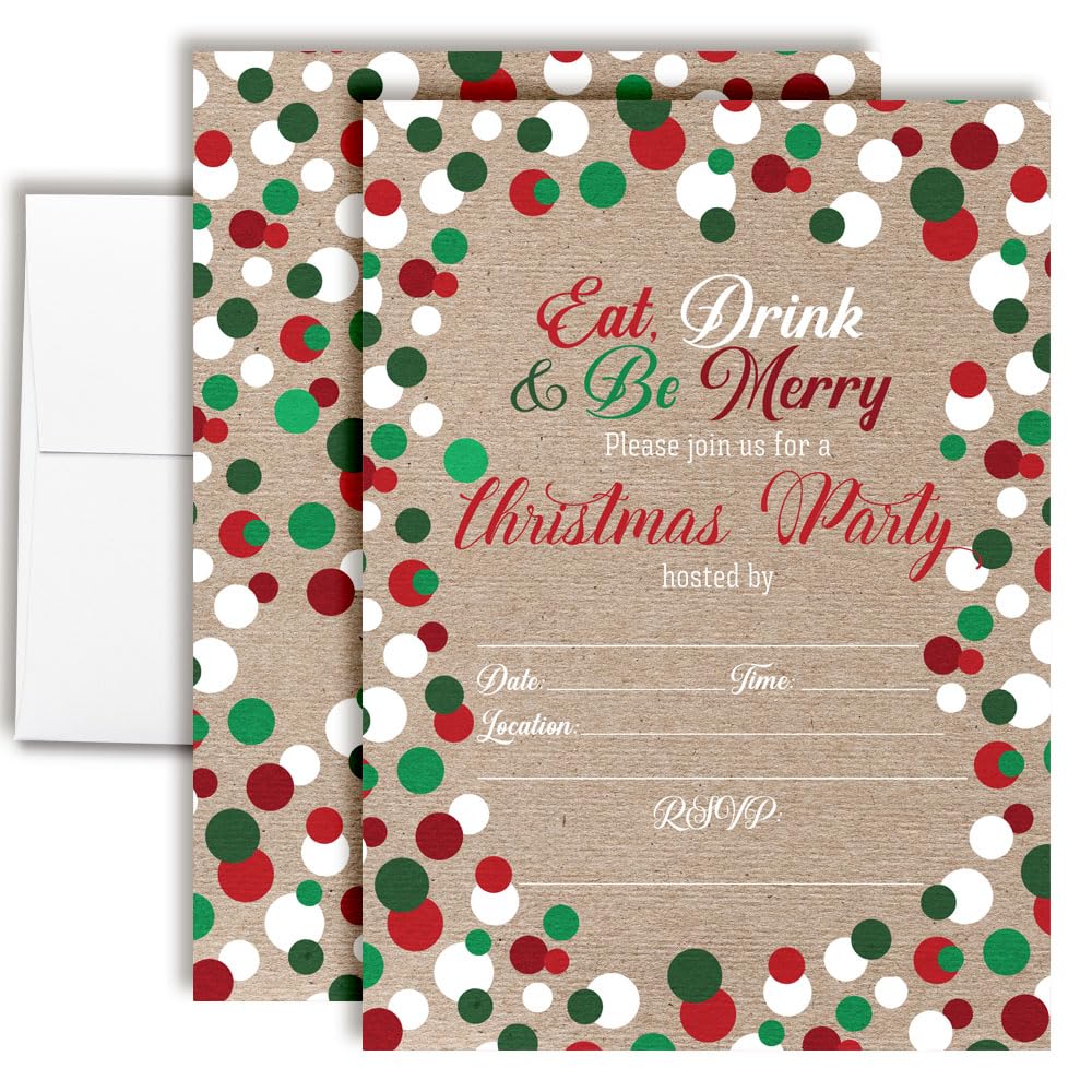 Amanda Creation Christmas Invitations with Envelopes – Eat Drink & Be Merry Kraft Polka Dot, 20 Pack 5x7 Double Sided Fill-In Invite Cards with Twenty