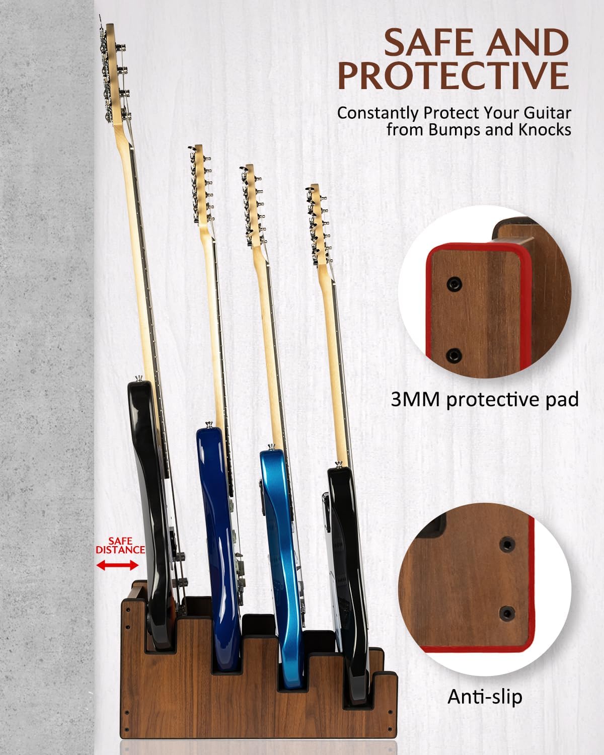 STRICH Wooden Guitar Stand for Multiple Guitars, 4-Holder, Front Display Space-Saving Floor Guitar Rack for Home, Studio, Stage, Walnut Color, L-4EW (For 4 Electric/Bass)