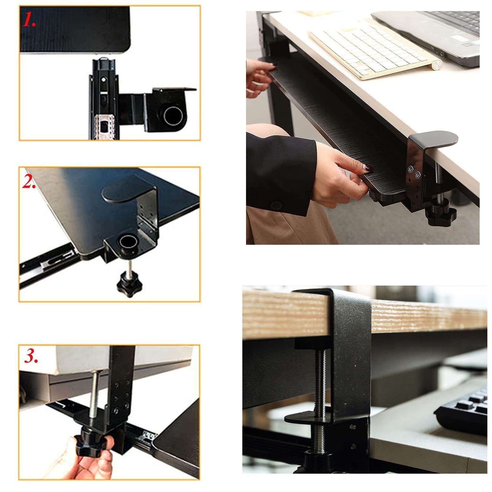 Bandeja deslizante para teclado, estante de madera para teclado con abrazadera, soporte extraíble debajo del escritorio, solución de almacenamiento adicional para oficina en casa, diseño para escribir