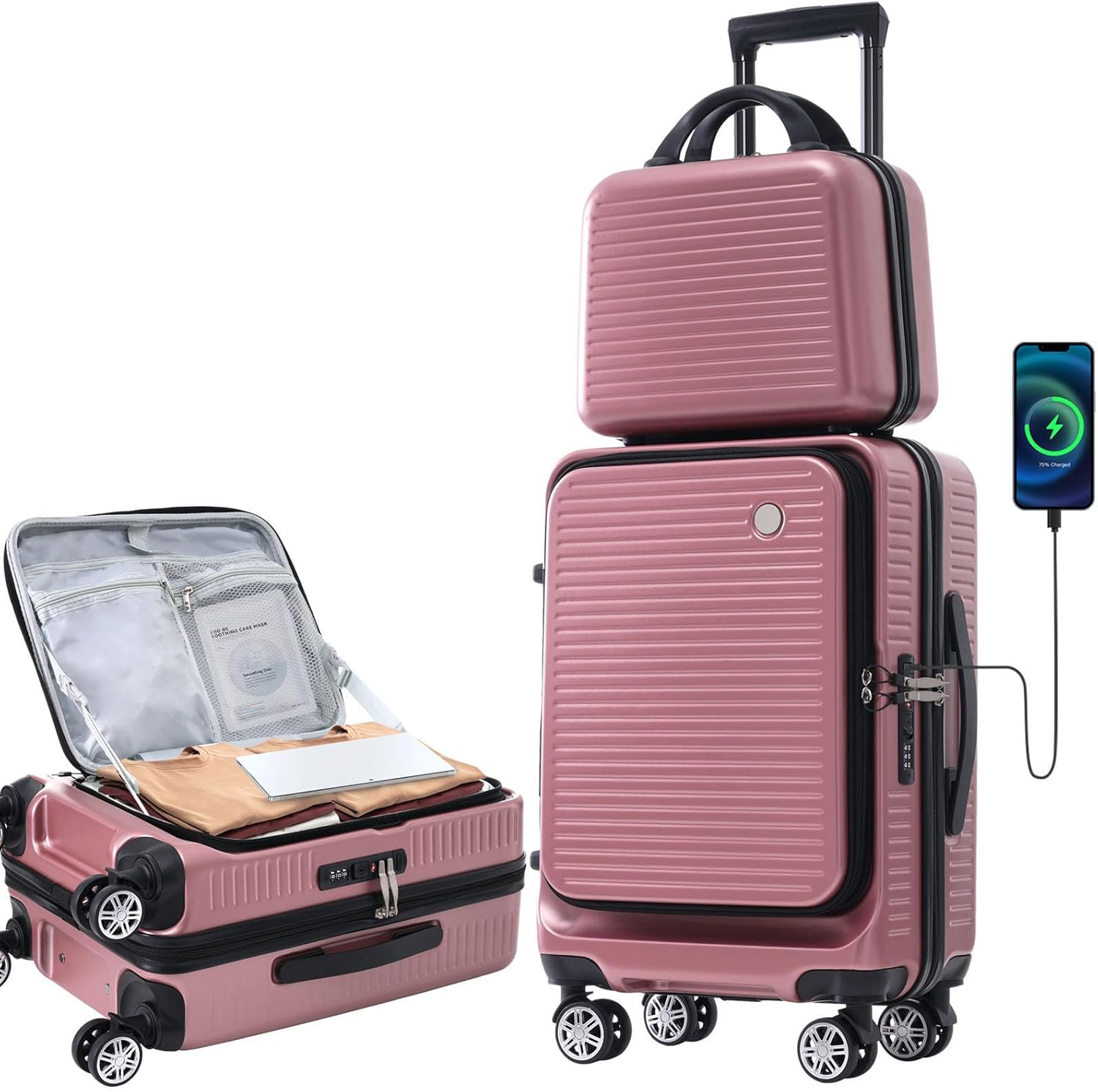 Carry-on Luggage 20 Inch Front Open Luggage Lightweight Suitcase with Front Pocket and USB Port, 1 Portable Carrying Case (Rose Gold)