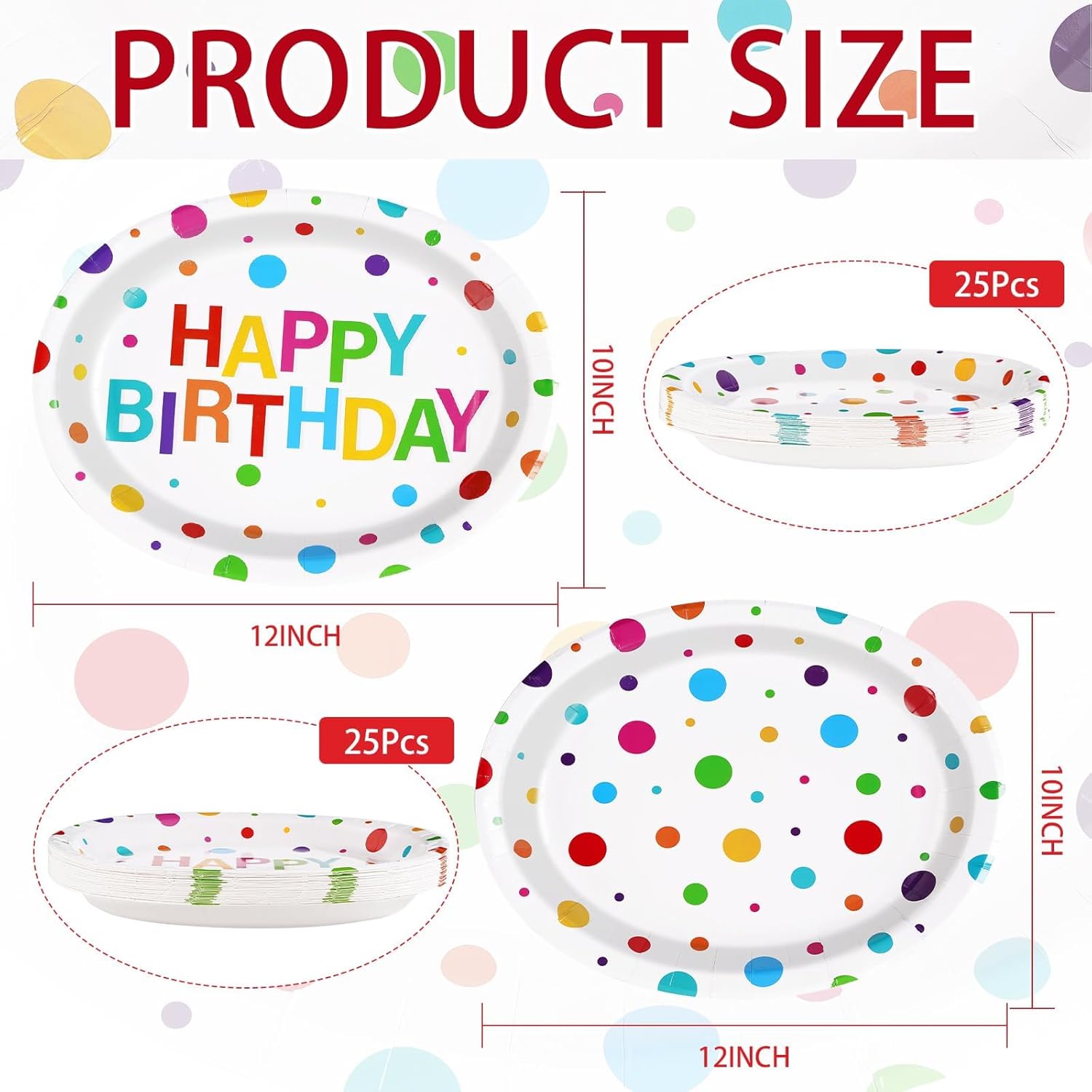 50Pcs Happy Birthday Oval Paper Plates 10" x 12" Large Disposable 400GSM Heavy Duty Rainbow Colorful Dots Platters Plates Happy Birthday Party Decorations for BBQ Picnic Baby Shower Party Supplies