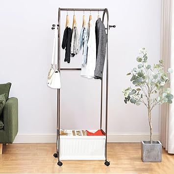 LEOPAX Bamboo Coat Hanger Stand, Garment Rack with Large Storage Basket, Coat Rail Display Stand with Single Top Rod for Clothes Organizer Stand on Wheels for Bedroom, Laundry Room, Living-room- Brown