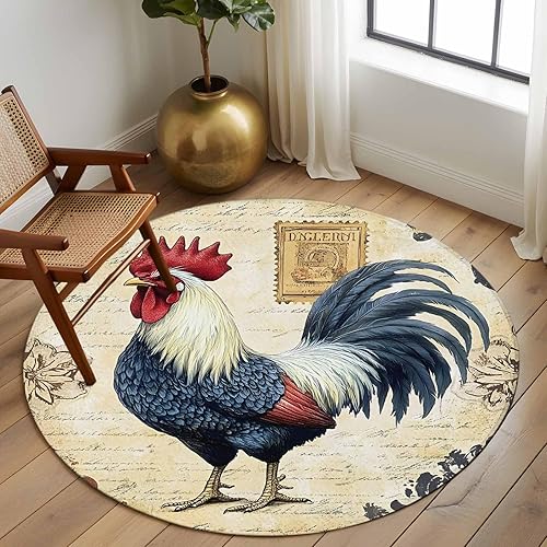 Miniatura 3 de 6ft Round Rug, Navy Blue Retro Rooster Non-Skid Rubber Backing Large Area Rugs - Living Room Bedroom Home Office, Watercolor Animals Indoor Floor