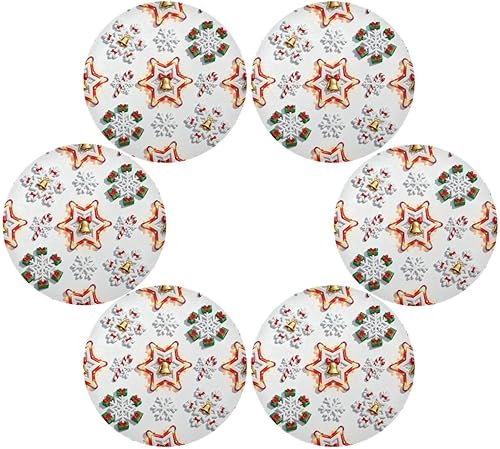 Merry Christmas White Snowflakes Rounded placemats PVC Waterproof Place mat manteles para mesa de comedor 15.4x15.4in Set of 6