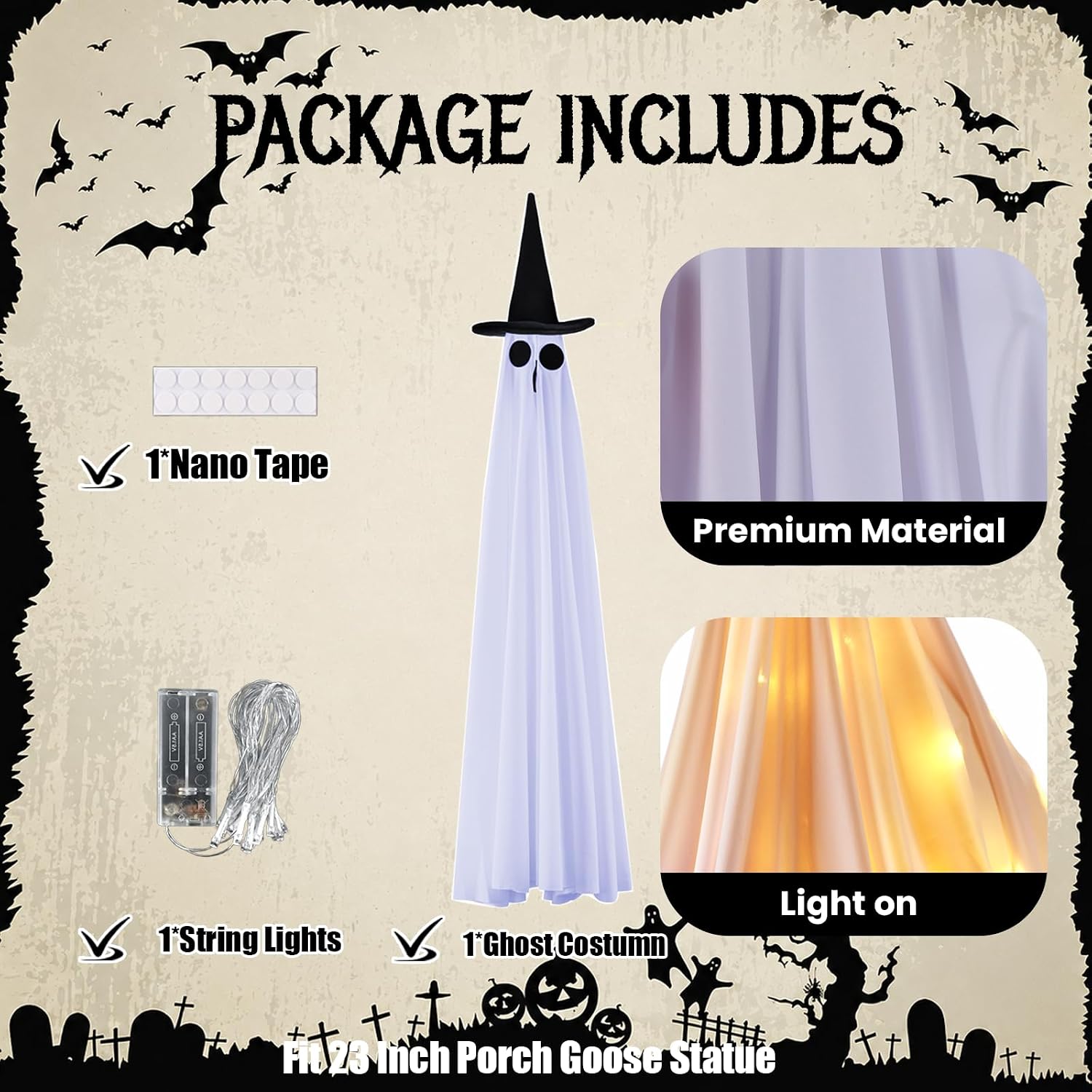 Halloween Lighted Ghost Porch Goose Outfits for 23 Inch Statue