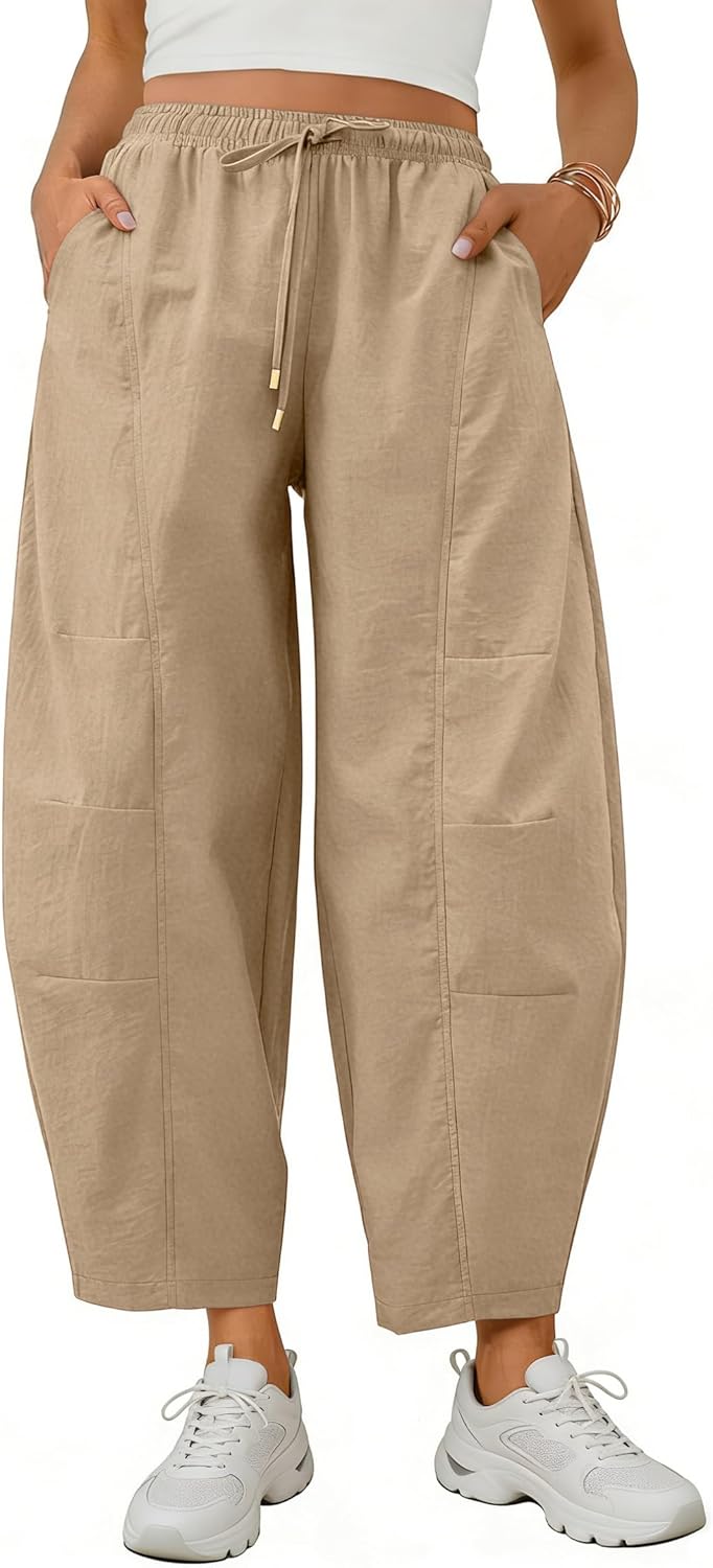 Lviefent Womens Barrel Pants Casual Drawstring Elastic Waist Crop Wide Leg Parachute Pants with Pockets