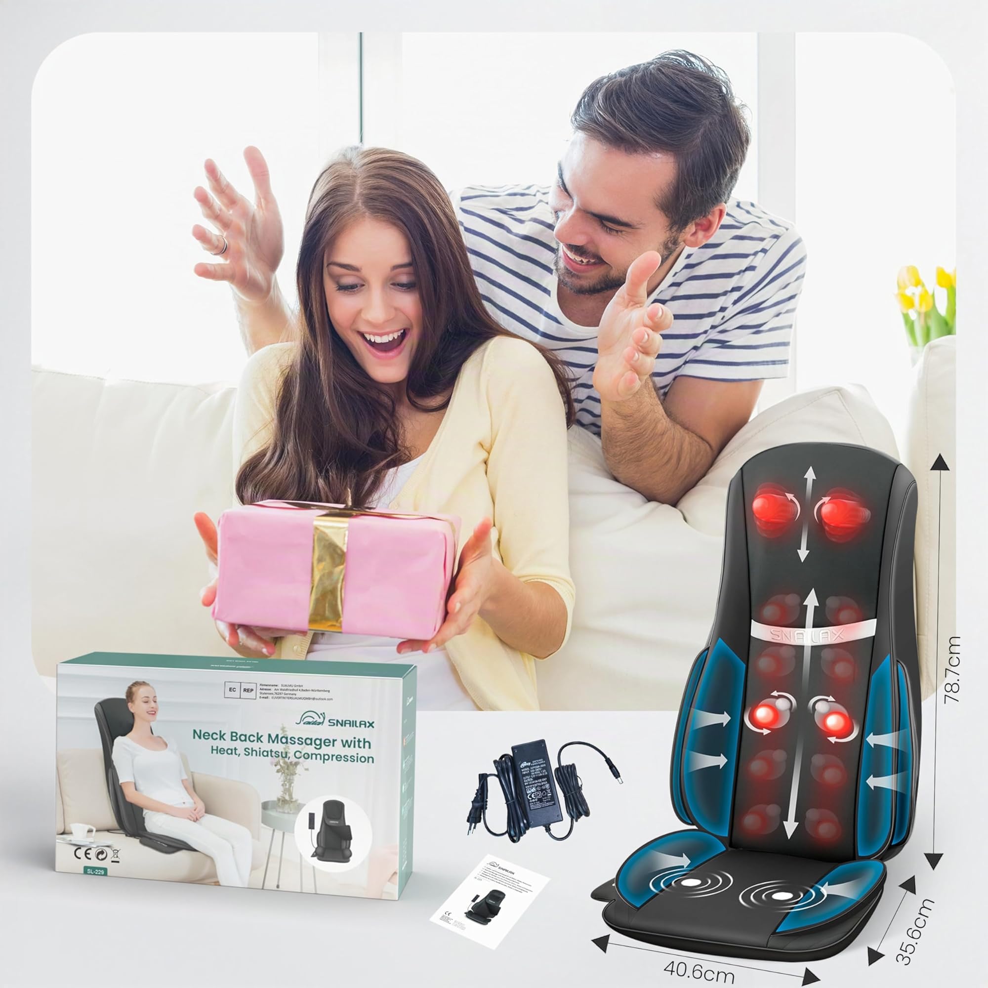 Snailax Siège Massant Shiatsu amélioré avec Chaleur, Masseur De Siège de Chaise avec compression pétrissage vibration, Coussin de massage pour le dos cou épaule, Cadeaux