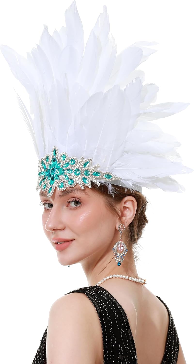 Women's Feather Headpiece Handmade Rhinestones Headband Halloween Showgirl Cosplay Headwear Accessories - Image 7