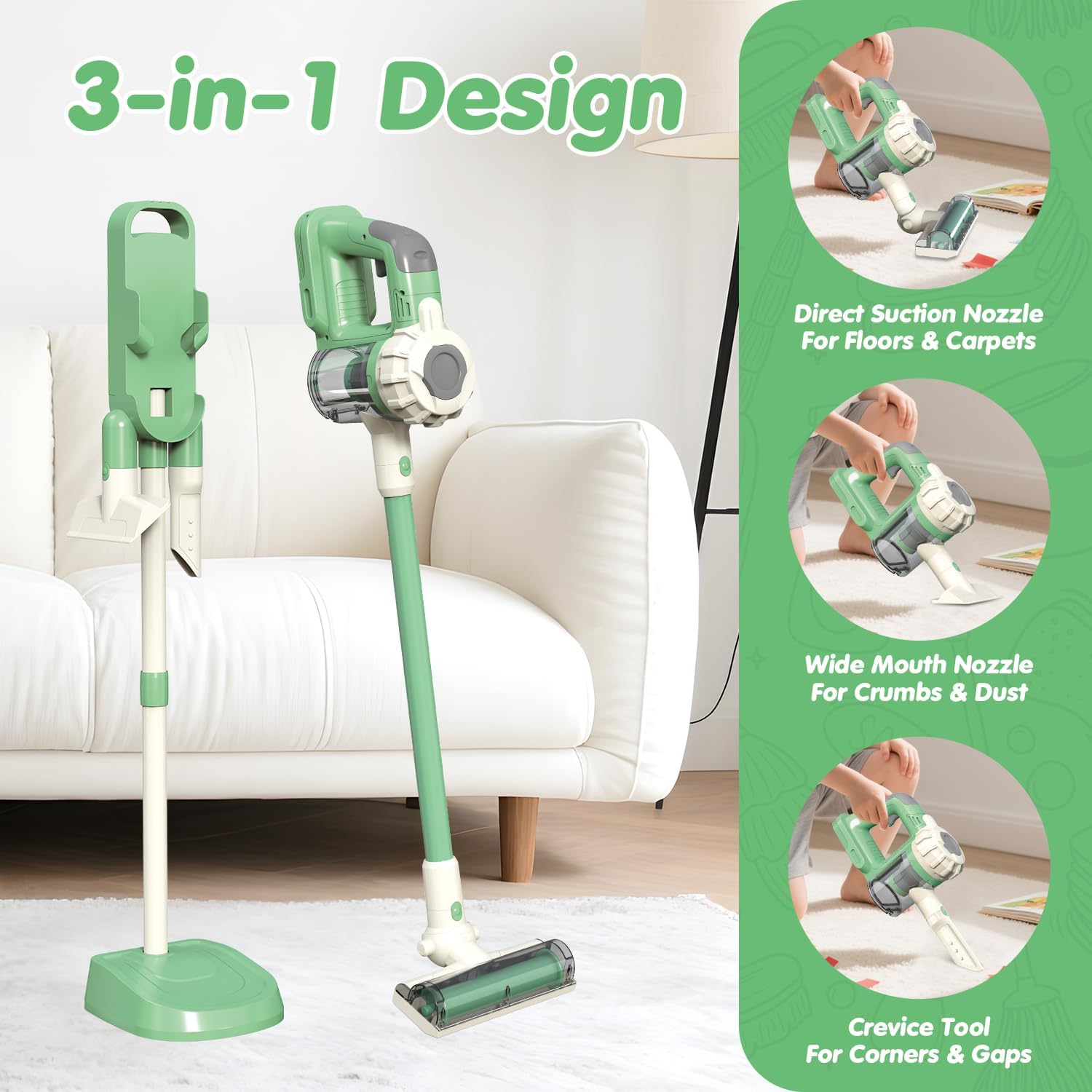 3-in-1 Kids Vacuum that Really Works – Working Toddler Vacuum Cleaner with Real Suction, Montessori Pretend Play Cleaning Toy Gift Set for Boys and Girls Ages 3+