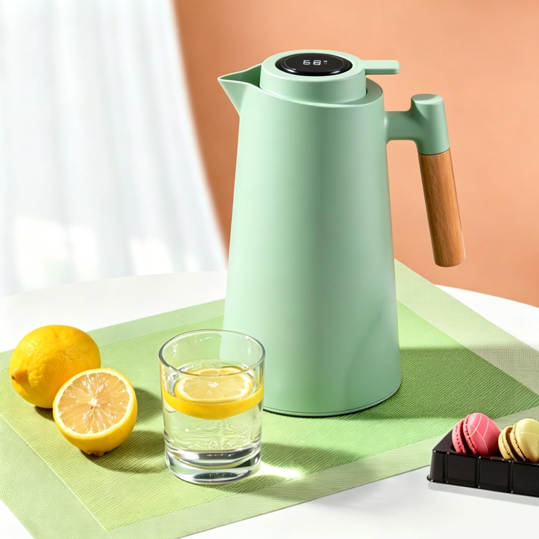 Caraffa termica intelligente con display della temperatura, 963,9 g, con rivestimento in vetro sottovuoto, caraffa termica per acqua, caraffa da caffè con manico in legno, per casa, cucina, ufficio