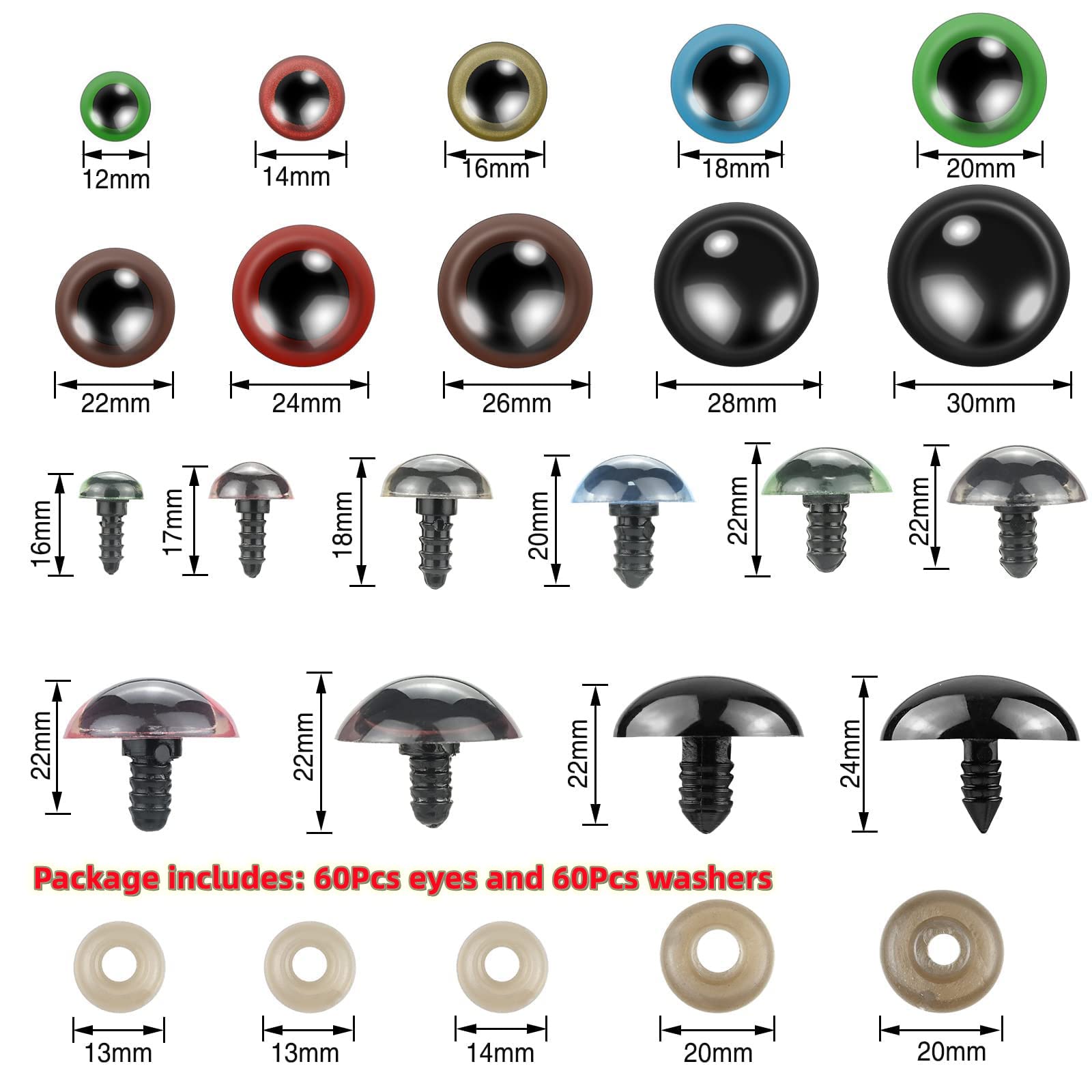 180 stuks veiligheidsogen (90 poppenogen 90 sluitringen) 10-30 mm zwarte kunststof ogen voor het bouwen van ambachtelijke poppen