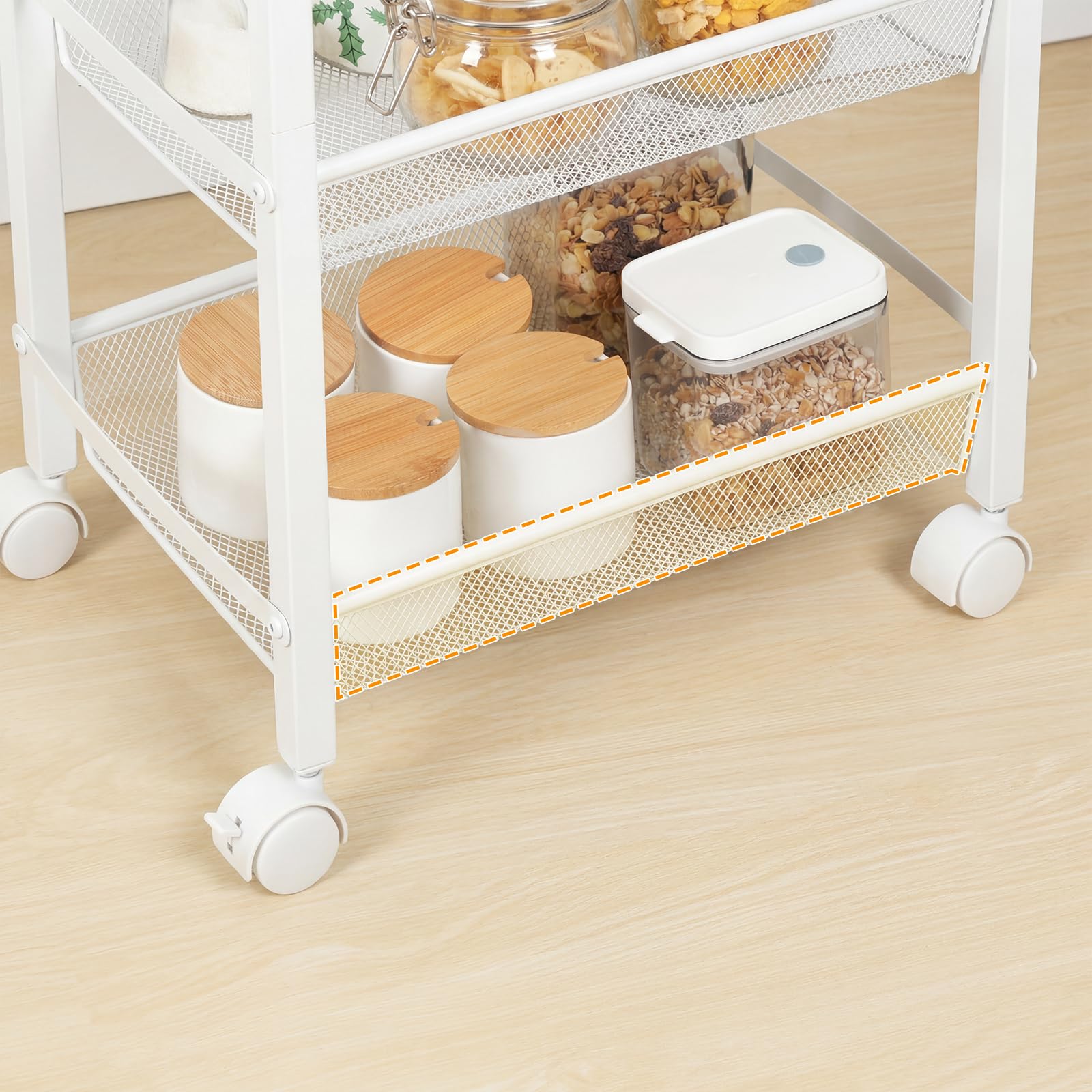 HOOBRO Chariot de Service à 4 Niveaux avec roulettes et Pieds Réglables, Chariot Mobile avec Barrières, Chariot de Cuisine, Chariot de Bar, pour Cuisine, Salon, Blanc et Couleur Bois EWN72TC01