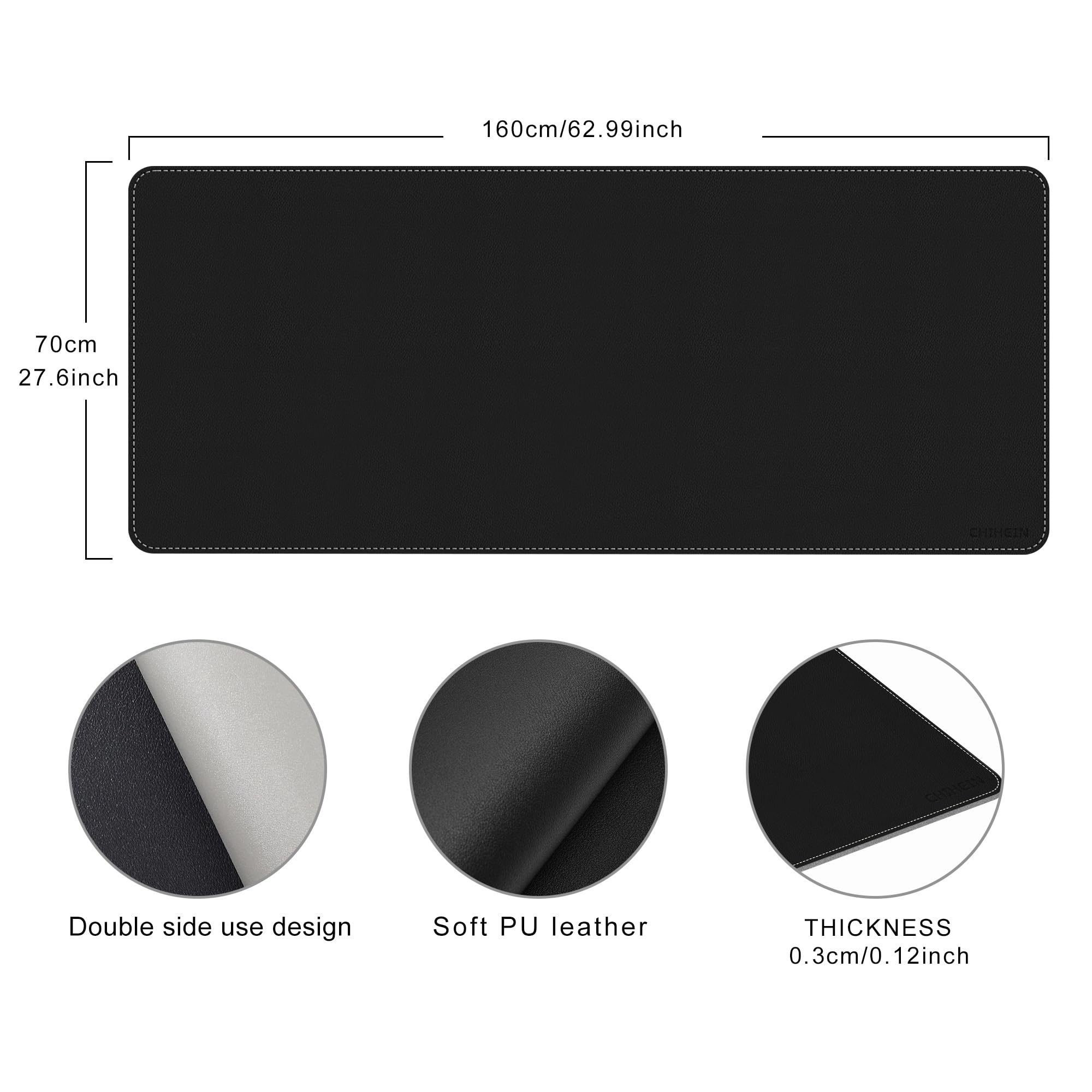 Chihein Tappetino da scrivania 4XL in pelle PU (nero/grigio), grande tappetino per mouse, protezione per scrivania su entrambi i lati, impermeabile, per gaming/ufficio/casa
