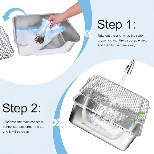 Vehomy Rabbit Litter Box, Stainless Steel Sifting Bunny Litter Box with High Back Wall & Widened Grid, Deep Waste Storage Easy Clean Toilet Tray for Rabbits, Guinea Pigs, Ferrets - 7
