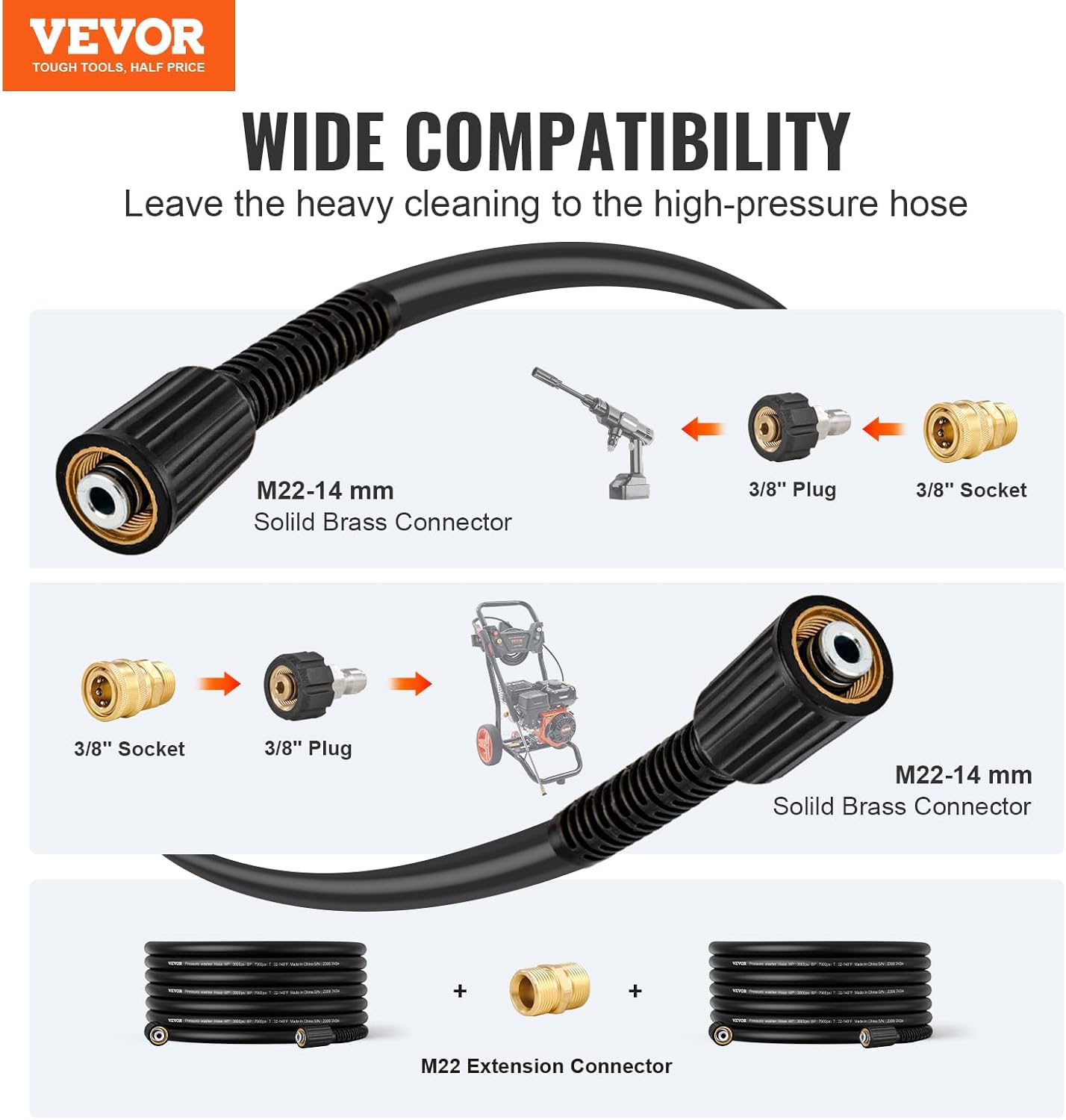 VEVOR Pressure Washer Hose, 50FT X 1/4" Kink Free M22-14mm Brass Thread, Replacement For Most Brand Pressure Washers, 3600 PSI Heavy Duty Power Washer Extension Replacement Hose