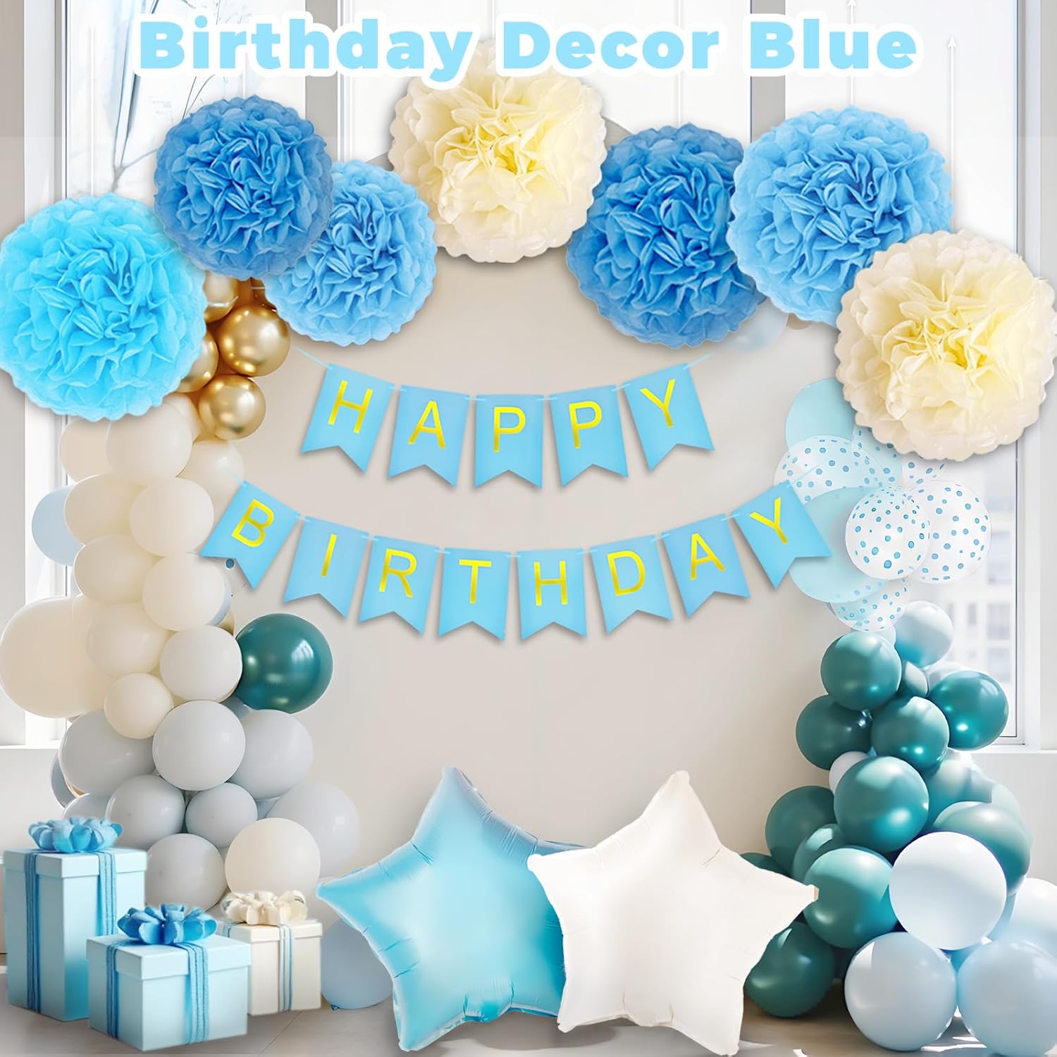 70PCS Blue Birthday Decorations, Birthday Decor Blue, Light Blue Birthday Decorations for Women Men Boys Girls Baby, Balloons, Banner, Pom Poms, Fringe Curtain, Crown, Sash, Tablecloth, Topper, Guide - Image 6
