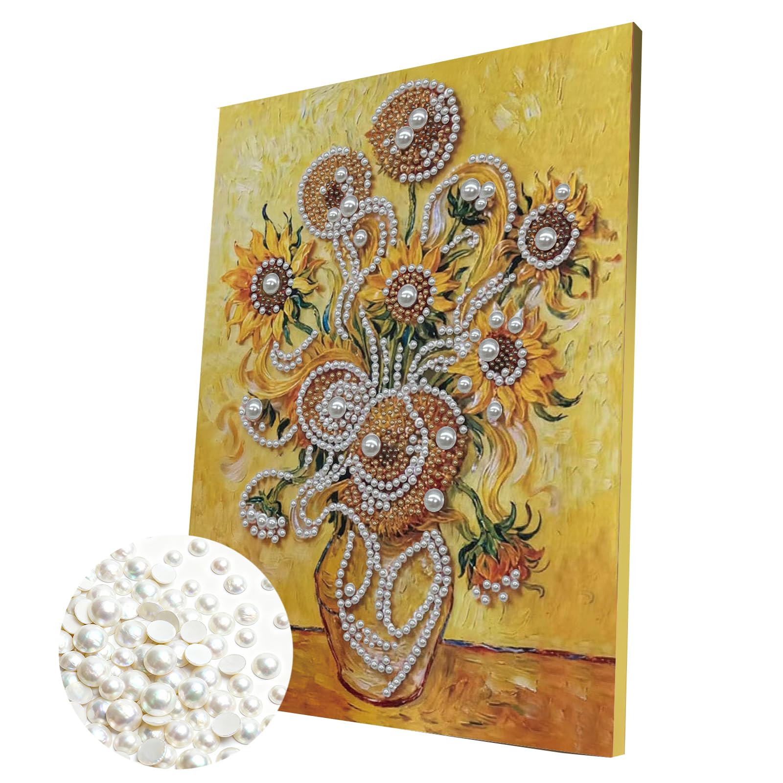 DIY Pearl Painting Kit with Wooden Frame, 3D Plastic Pearl Gemstone Ocean Art Craft for Adults Beginners, Diamond Art Kits for Adults, Home Wall Decor Ready Gift for Women(Sunflower Vase)(30 * 40cm)