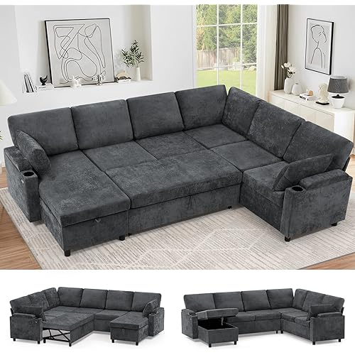 110” Chenille Sectional Sofa w/Pull Out Bed & Storage Chaise, Reversible U Shaped Sofa w/Storage Armrests & Cup Holders, Corner Couch w/USB Charging Port & Throw Pillow for Living Room, Grey